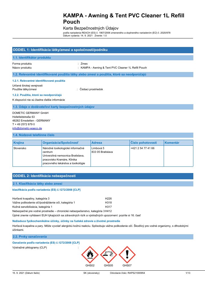 Første side av Kampa Awning & Tent Cleaner Concentrate - Safety Data Sheet - Slovakia(SK)