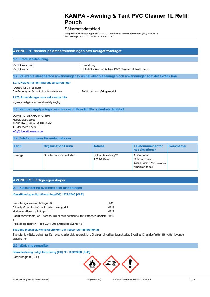 Første side af Kampa Awning & Tent Cleaner Concentrate - Safety Data Sheet - Sweden(SE)