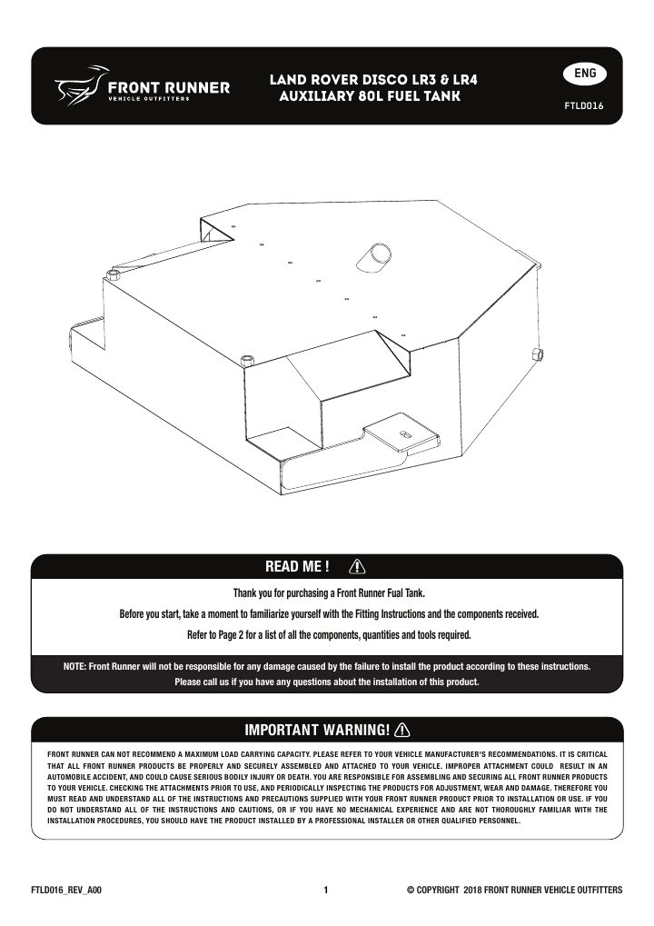 First page of Land Rover Discovery LR3 & LR4 Auxiliary 80l Fuel Tank Fitting Instructions