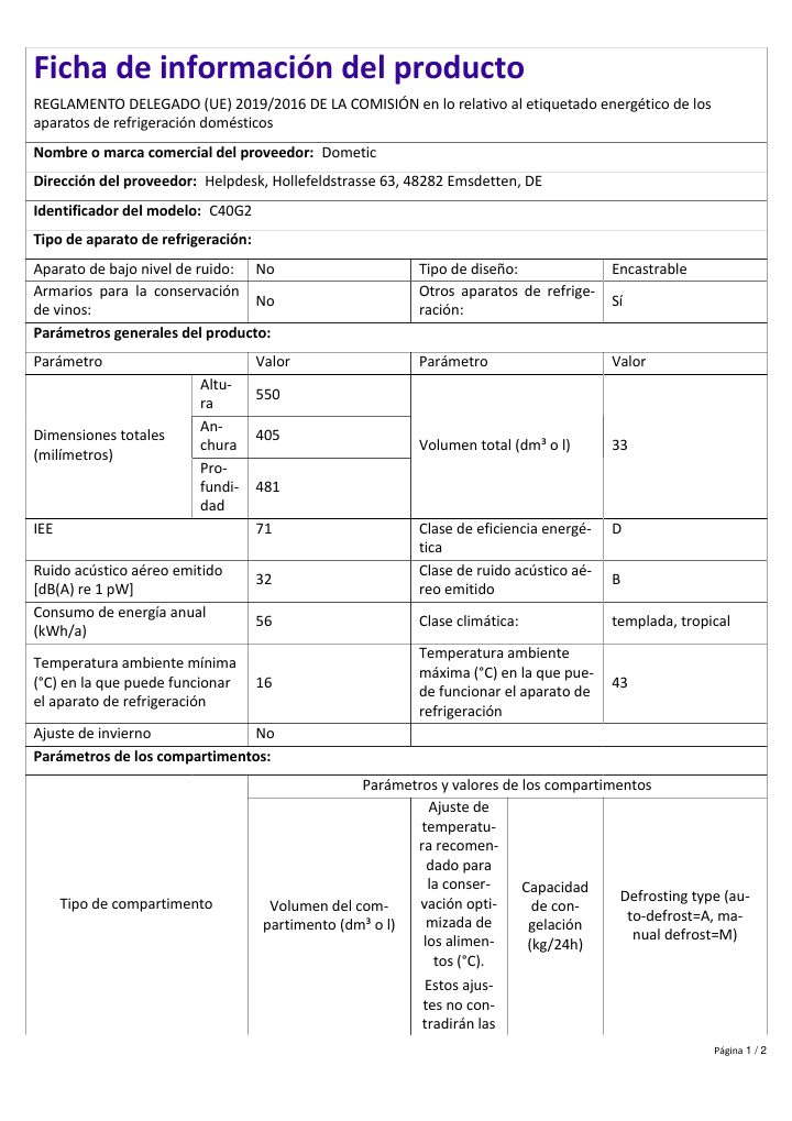 Première page de Dometic HiPro Evolution C40G2 | Product Information Sheet ES