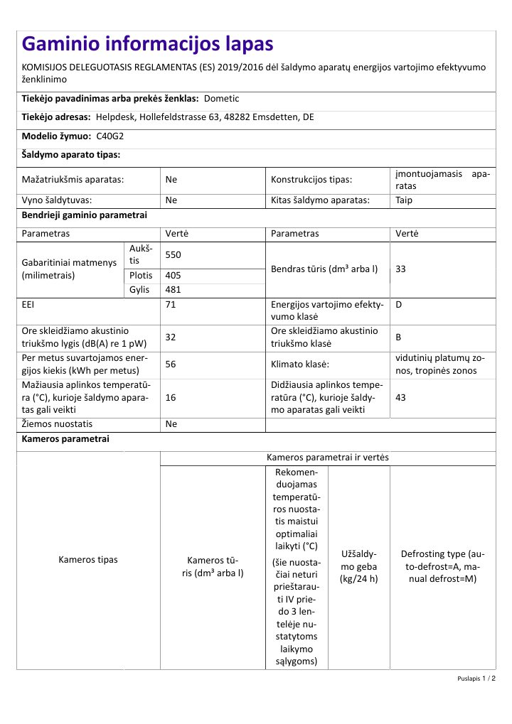 Första sidan i Dometic HiPro Evolution C40G2 | Product Information Sheet LT