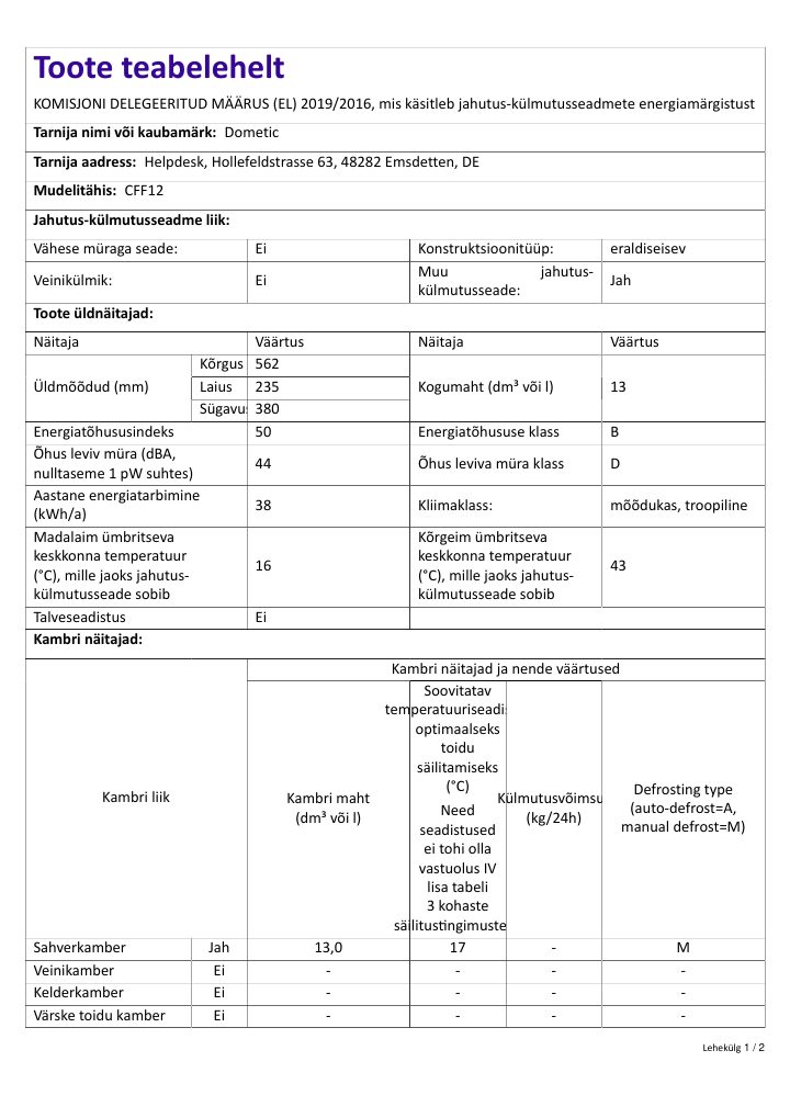 Primeira página de Dometic CFF 12 - Product Information Sheet ET