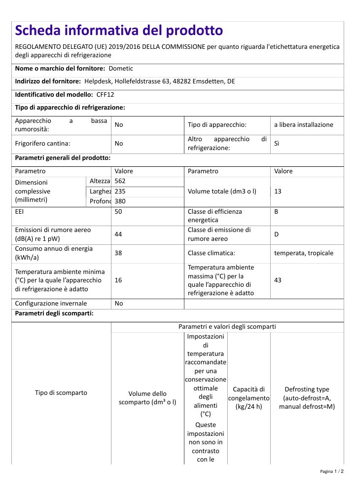 Første side av Dometic CFF 12 - Product Information Sheet IT