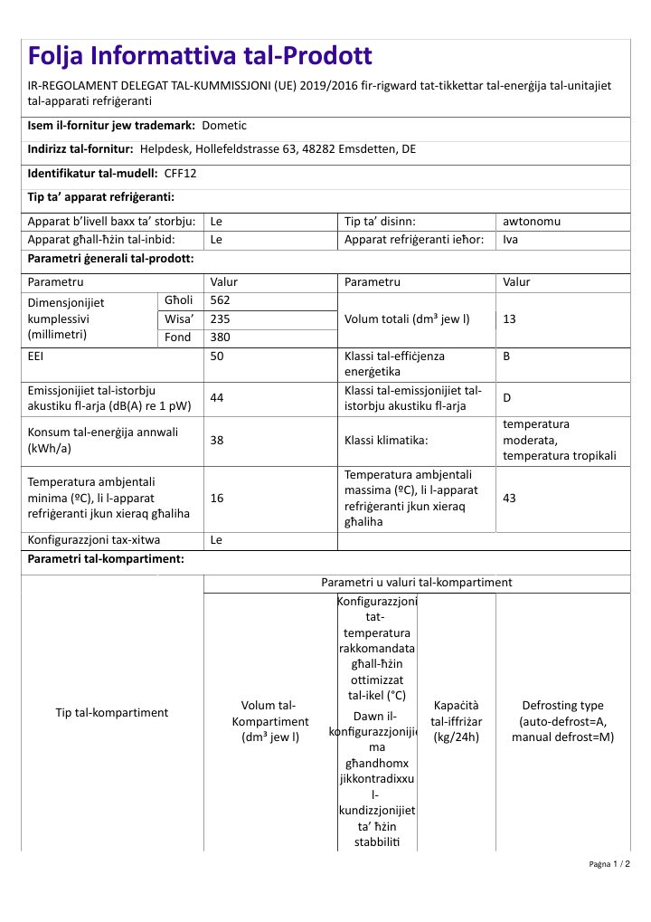 Første side av Dometic CFF 12 - Product Information Sheet MT