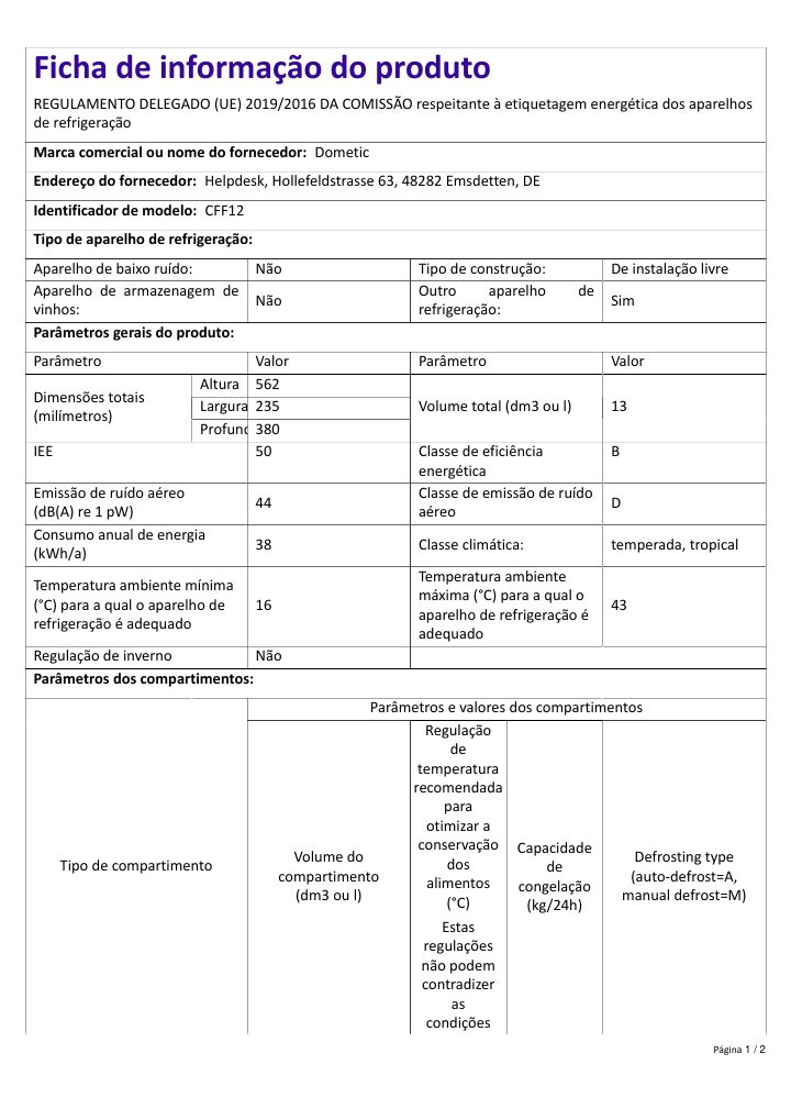 Dometic CFF 12 - Product Information Sheet PT의 첫 페이지