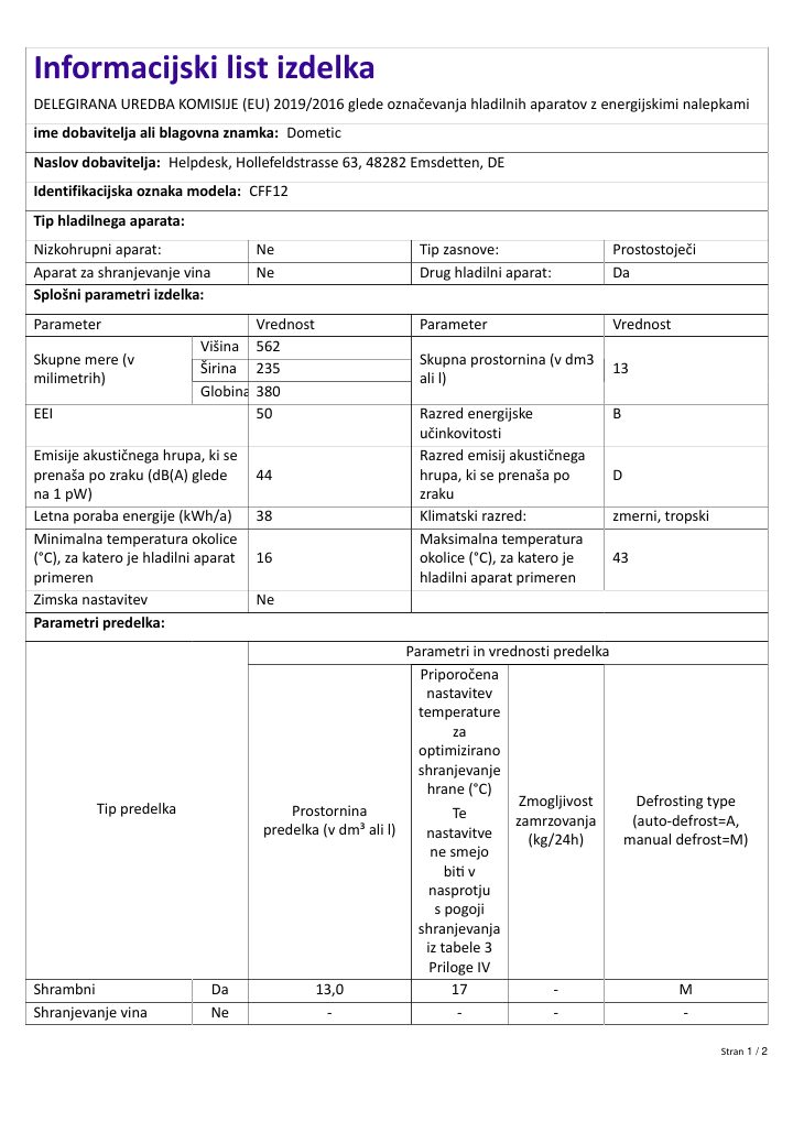 Pierwsza strona dokumentu Dometic CFF 12 - Product Information Sheet SL