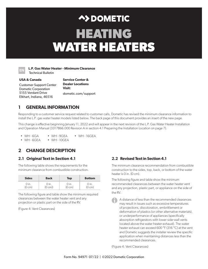 Primera página de Dometic WH-6GA, WH-6GEA, WH-9GEA, WH-10GEA, WH-16GEA