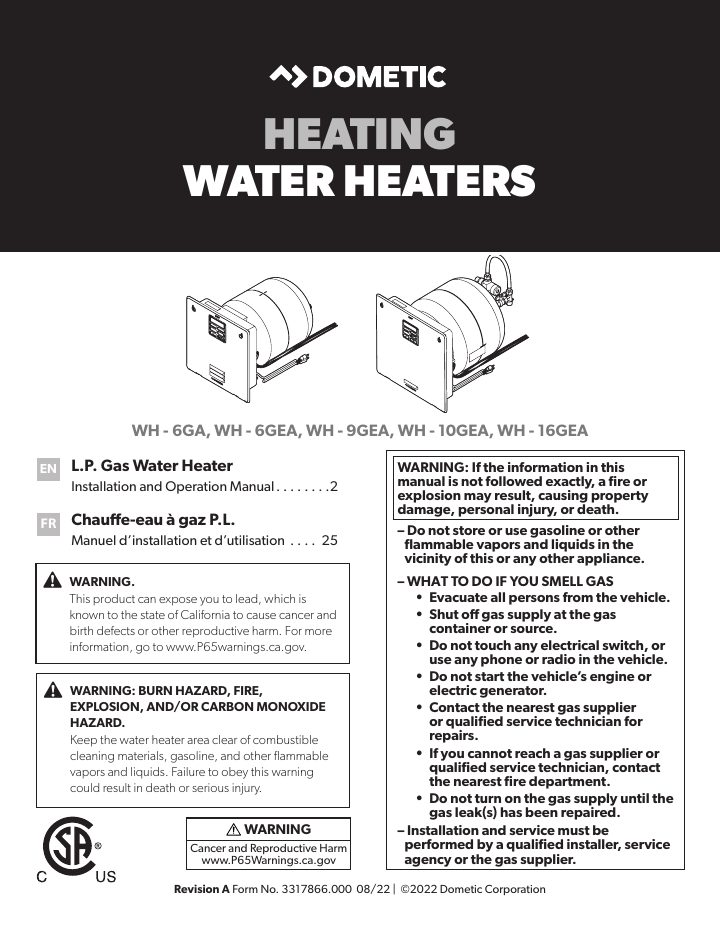 Première page de Dometic WH-6GA WH-6GEA WH-9GEA WH-10GEA WH-16GEA