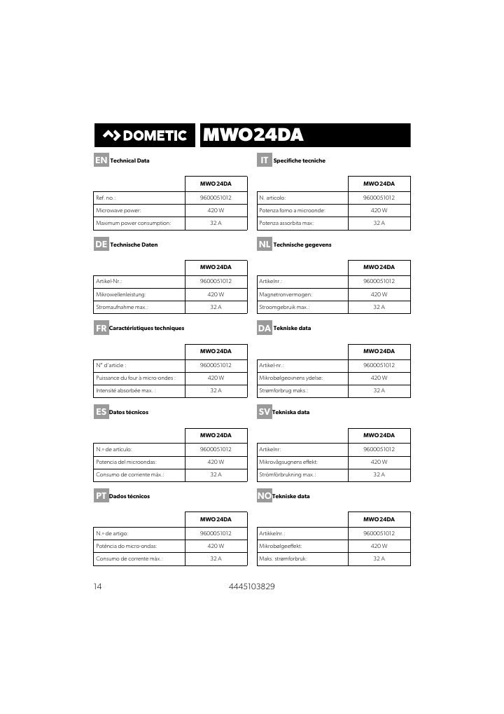 Pierwsza strona dokumentu Dometic MWO24DA for DAF