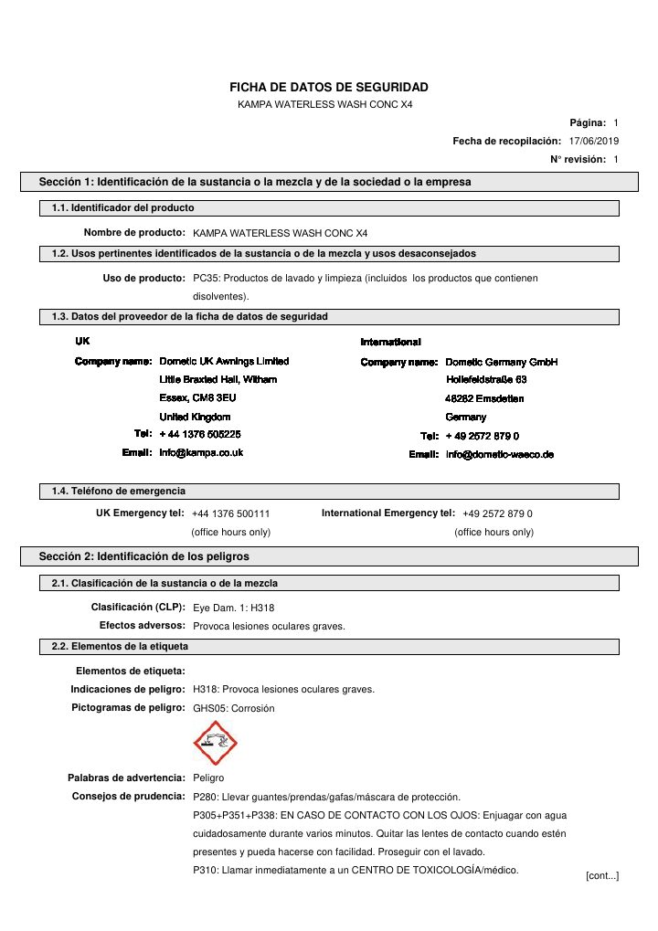 Première page de Kampa Waterless Wash Conc X4 - Safety Data Sheet