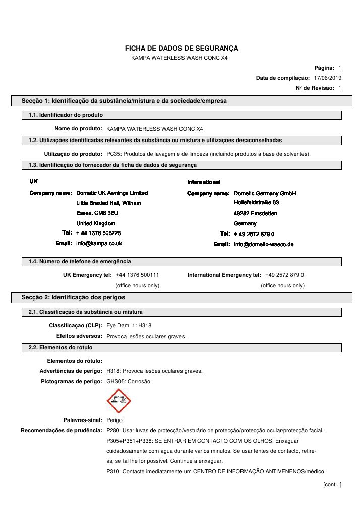 Première page de Kampa Waterless Wash Conc X4 - Safety Data Sheet