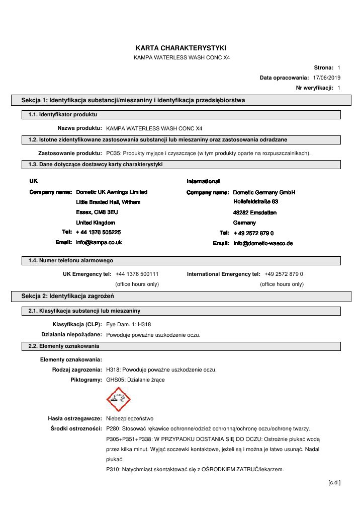 Première page de Kampa Waterless Wash Conc X4 - Safety Data Sheet