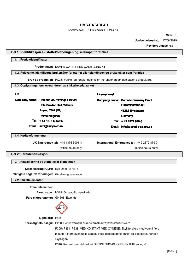 Første side af Kampa Waterless Wash Conc X4 - Safety Data Sheet