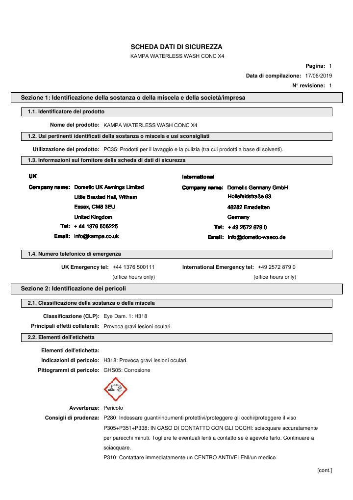 Kampa Waterless Wash Conc X4 - Safety Data Sheet の1ページ目
