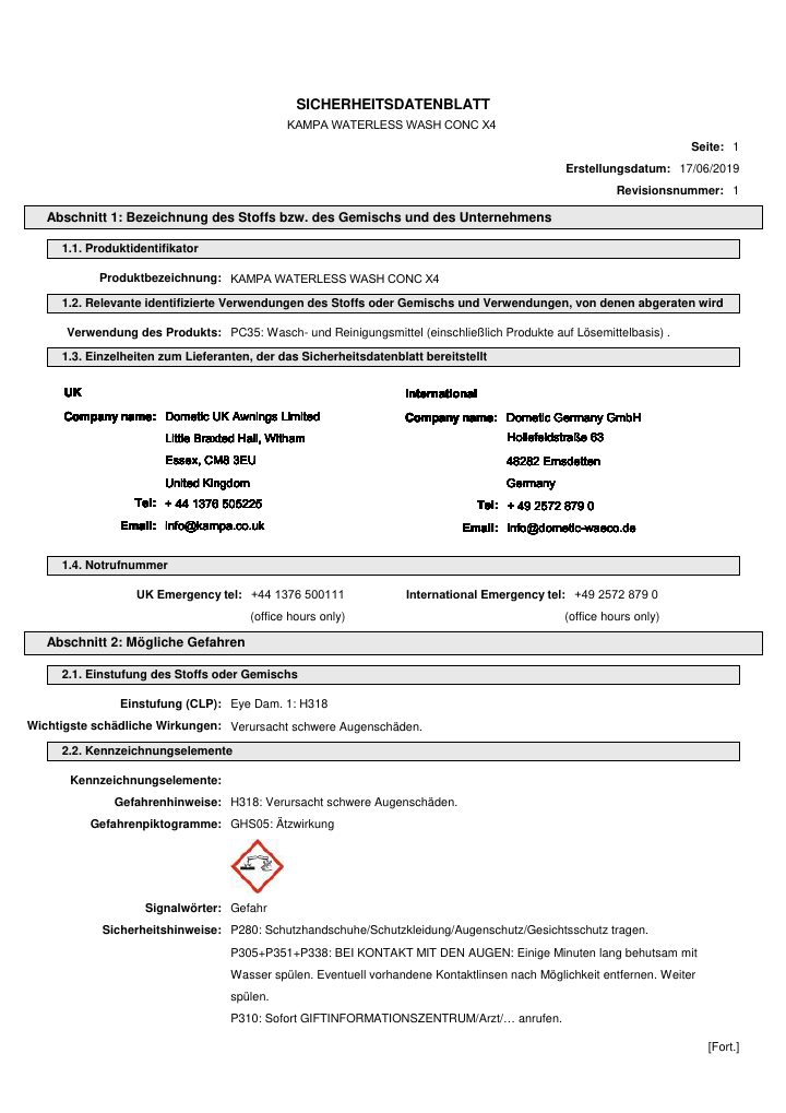 Første side af Kampa Waterless Wash Conc X4 - Safety Data Sheet