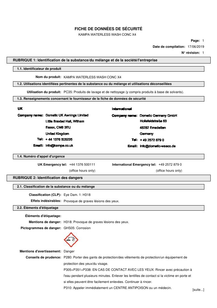Première page de Kampa Waterless Wash Conc X4 - Safety Data Sheet