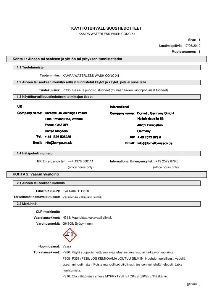 Erste Seite von Kampa Waterless Wash Conc X4 - Safety Data Sheet