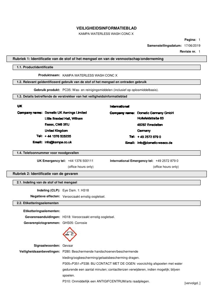 Première page de Kampa Waterless Wash Conc X4 - Safety Data Sheet