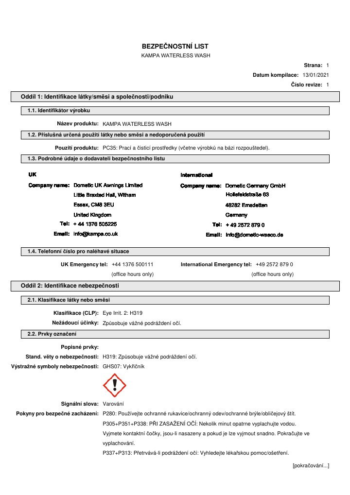Première page de Kampa Waterless Wash - Safety Data Sheet