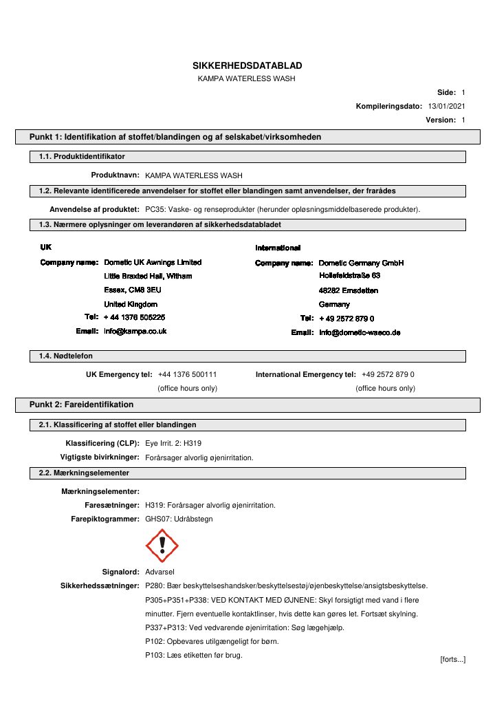 Première page de Kampa Waterless Wash - Safety Data Sheet
