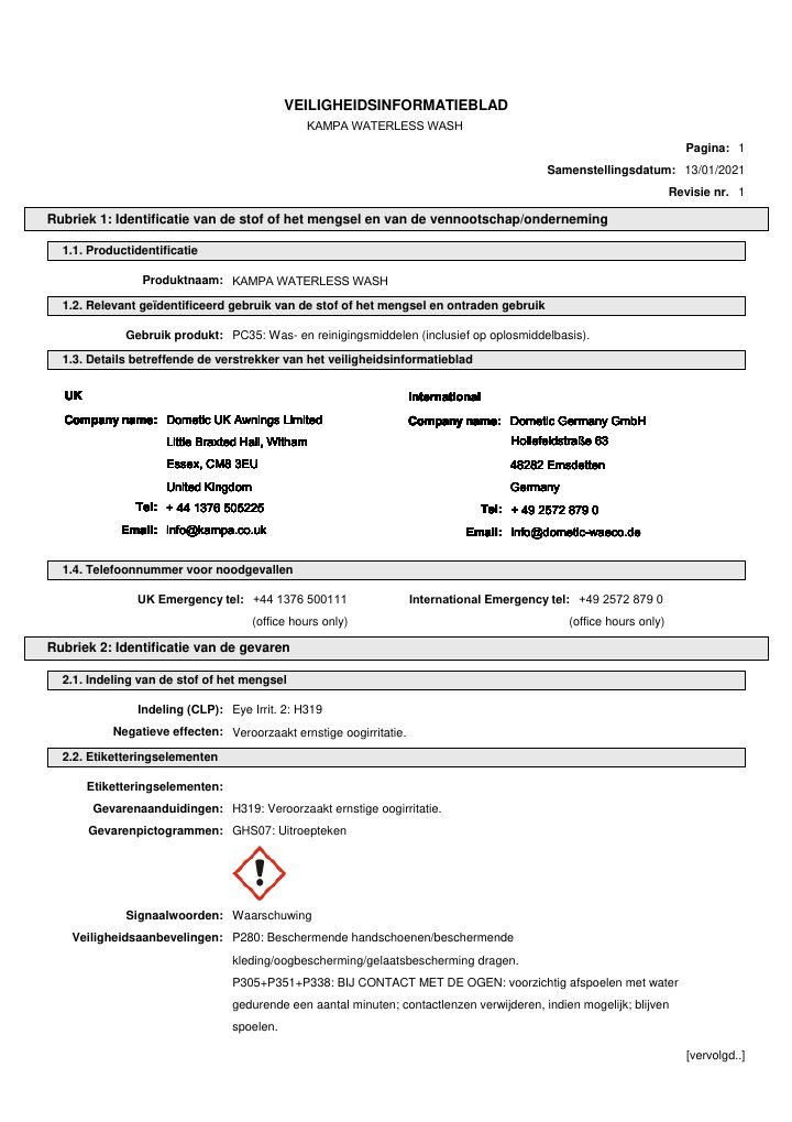 Première page de Kampa Waterless Wash - Safety Data Sheet