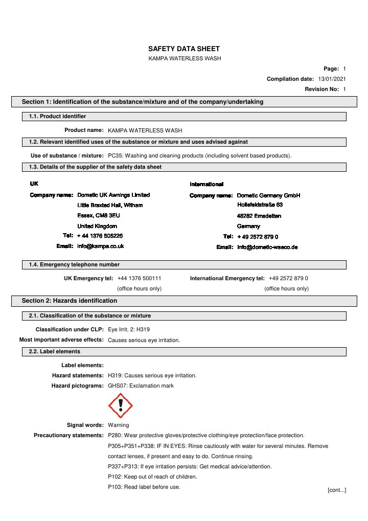 Première page de Kampa Waterless Wash - Safety Data Sheet