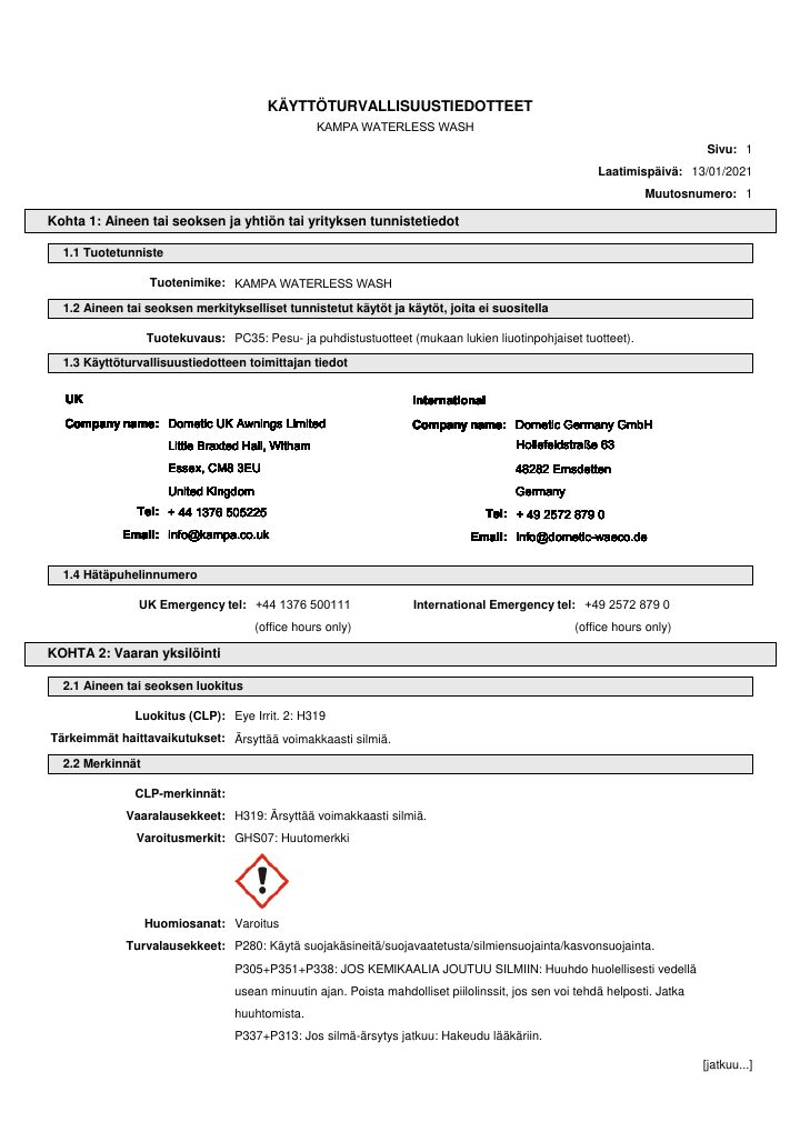 Première page de Kampa Waterless Wash - Safety Data Sheet