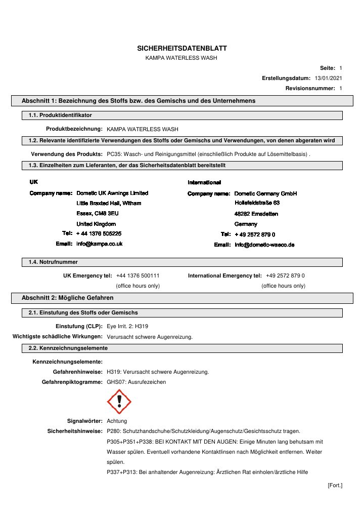 Première page de Kampa Waterless Wash - Safety Data Sheet