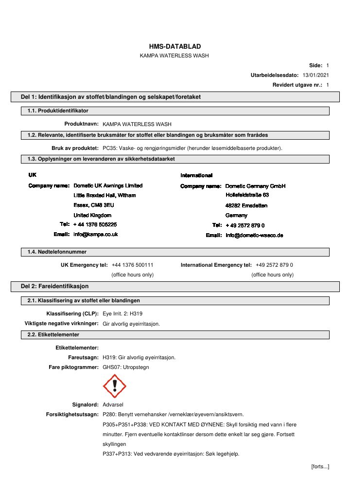 Erste Seite von Kampa Waterless Wash - Safety Data Sheet