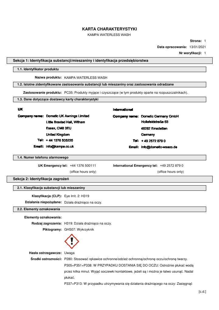 Première page de Kampa Waterless Wash - Safety Data Sheet