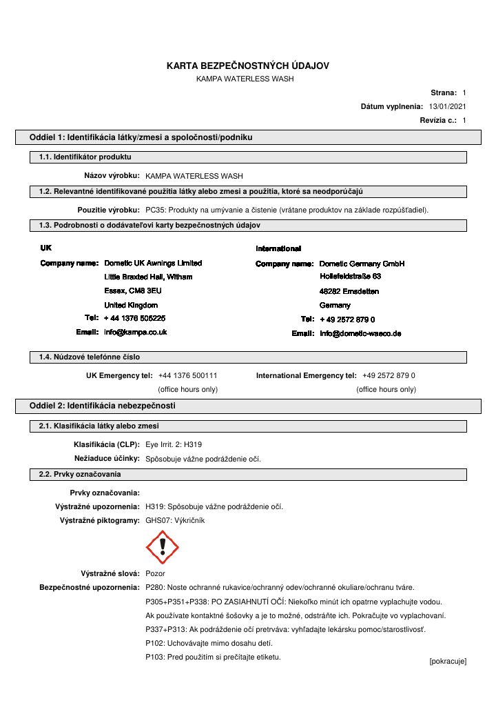 Prima pagina di Kampa Waterless Wash - Safety Data Sheet