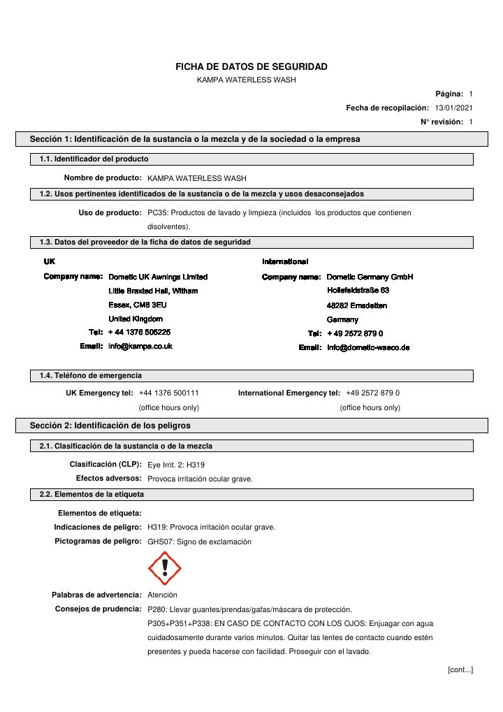 Première page de Kampa Waterless Wash - Safety Data Sheet