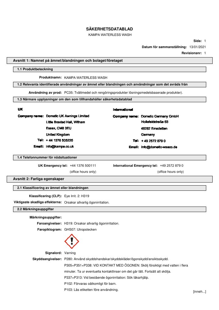 Første side af Kampa Waterless Wash - Safety Data Sheet