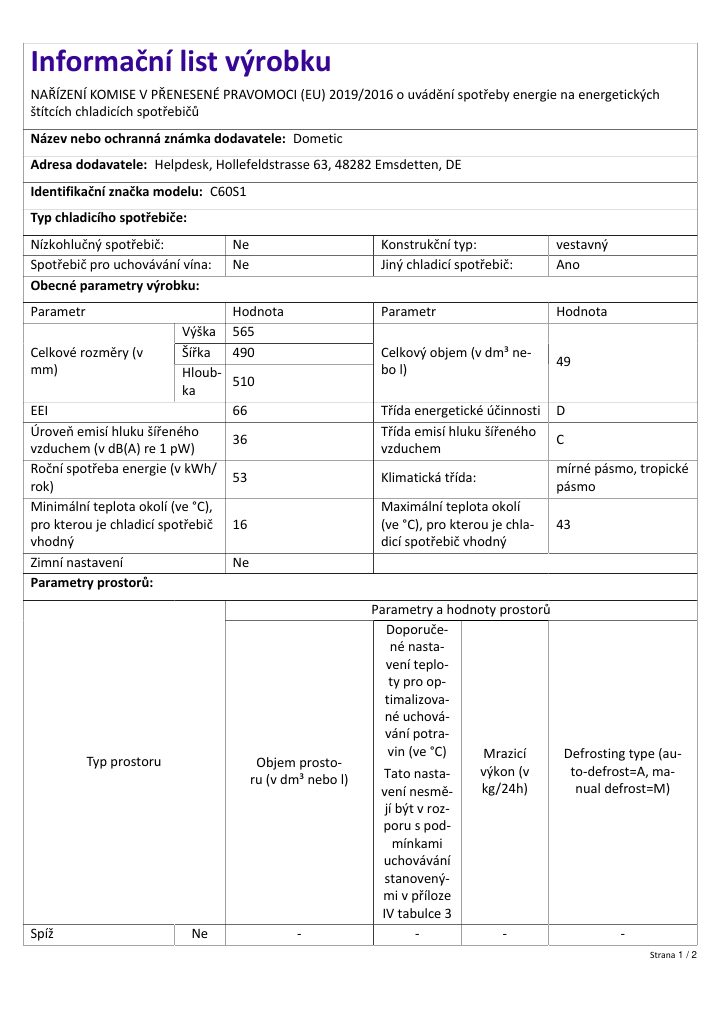 Første side af Dometic HiPro Alpha C60S | Product Information Sheet CS