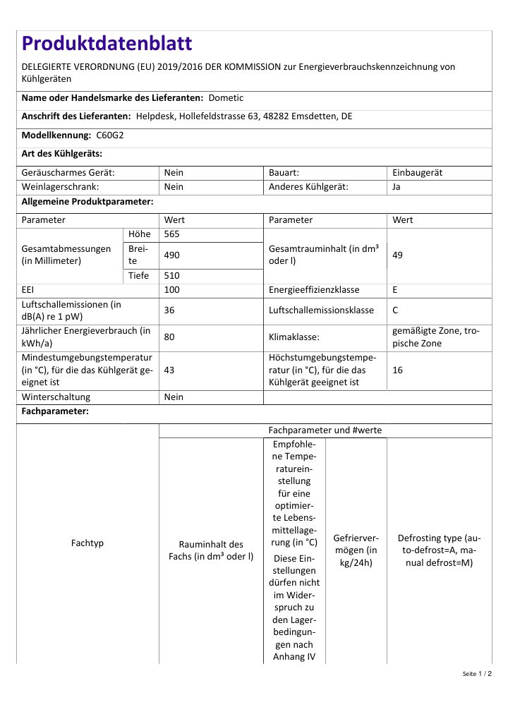 Första sidan i Dometic HiPro Evolution C60G | Product Information Sheet DE