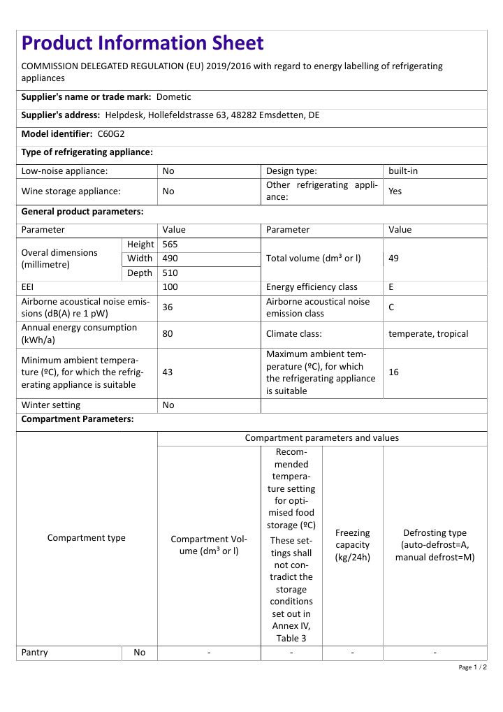 Dometic HiPro Evolution C60G | Product Information Sheet EN 的第一页