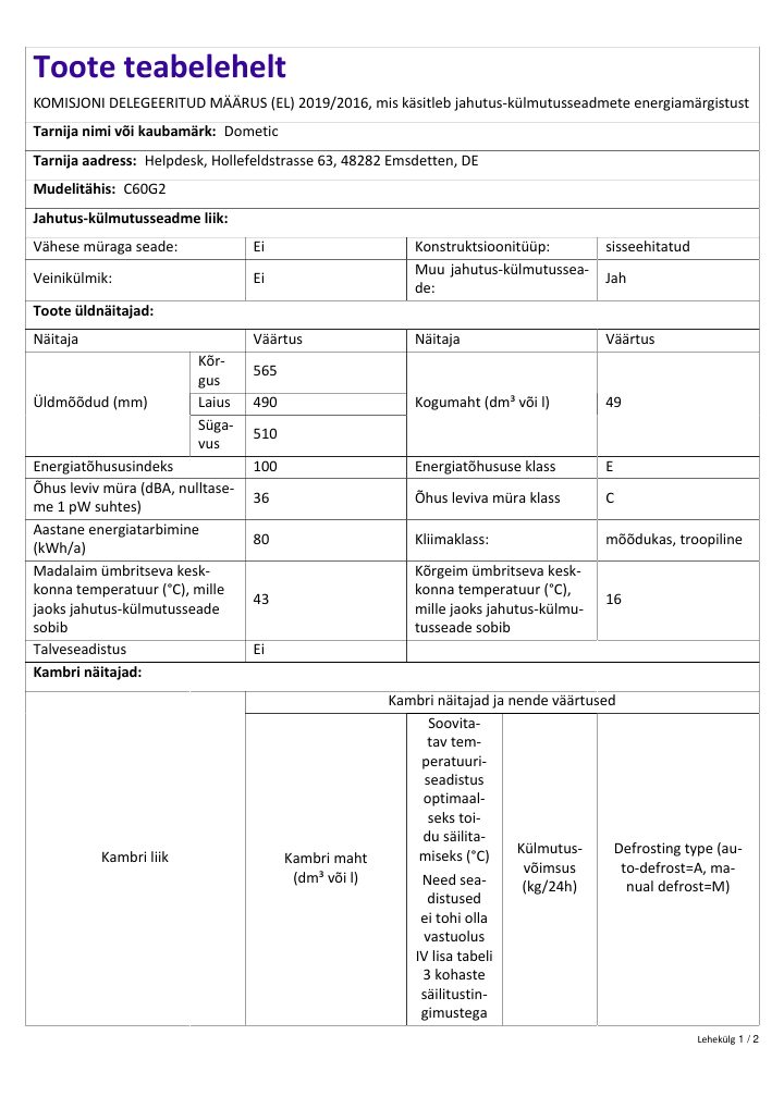 Första sidan i Dometic HiPro Evolution C60G | Product Information Sheet ET