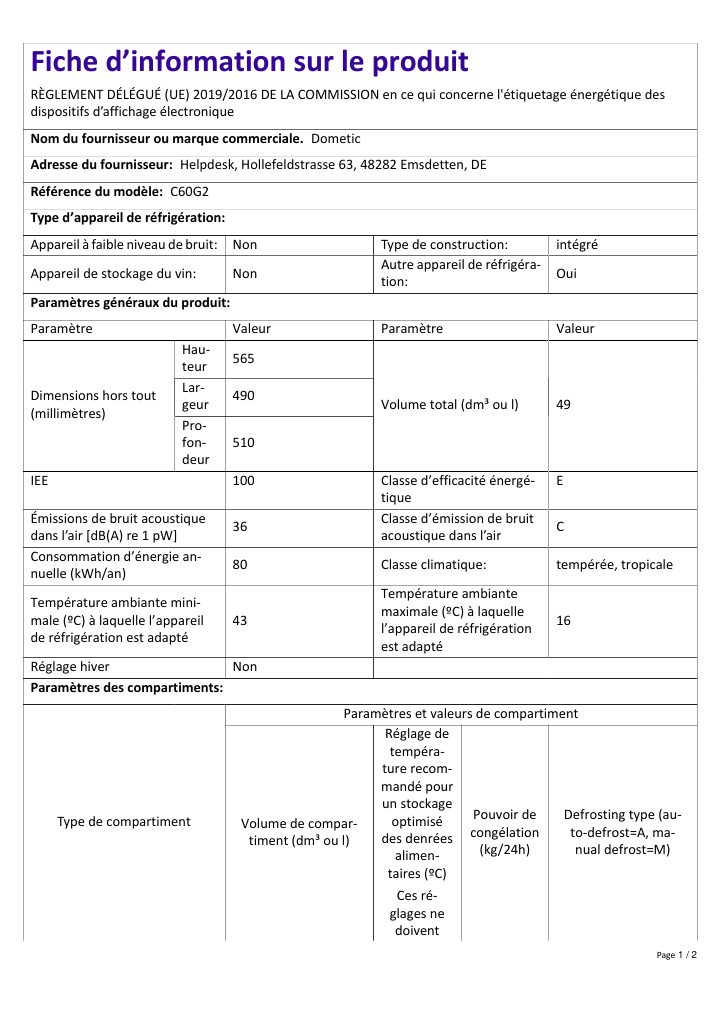 Första sidan i Dometic HiPro Evolution C60G | Product Information Sheet FR