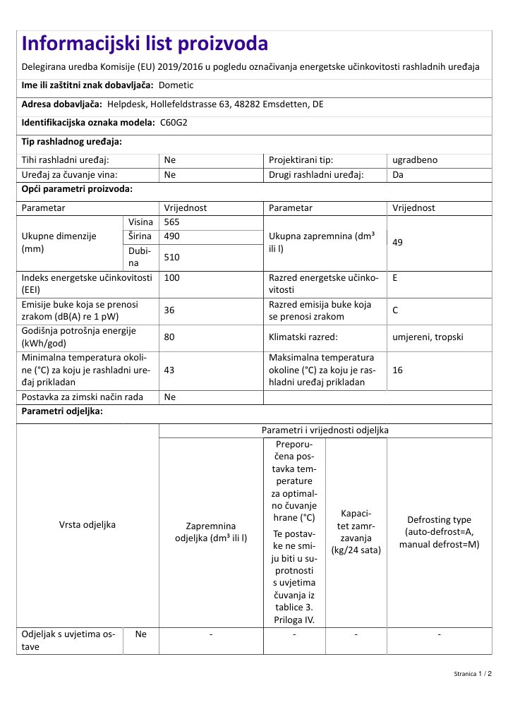 Première page de Dometic HiPro Evolution C60G | Product Information Sheet HR