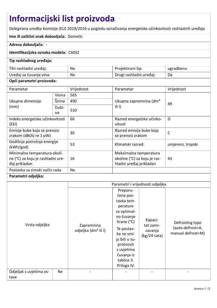 Pierwsza strona dokumentu Dometic HiPro Evolution C60S | Product Information Sheet HR