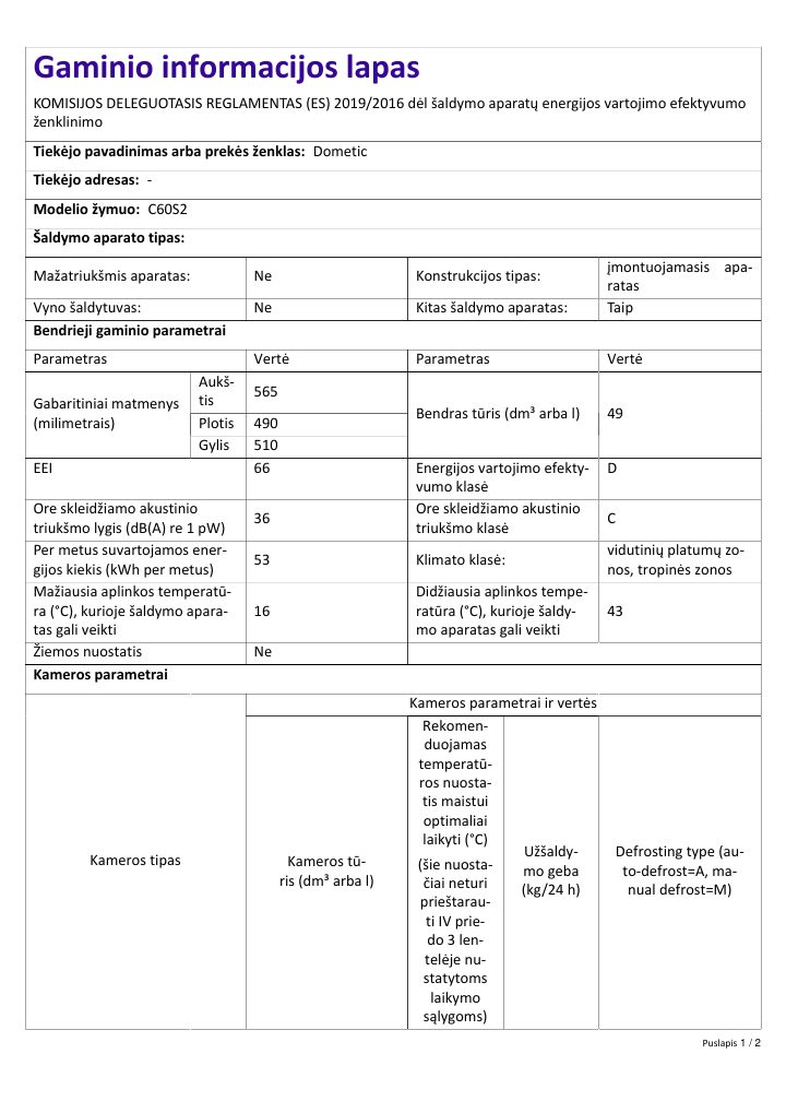 Première page de Dometic HiPro Evolution C60S | Product Information Sheet LT