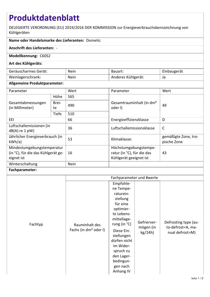 Första sidan i Dometic HiPro Evolution C60S | Product Information Sheet DE