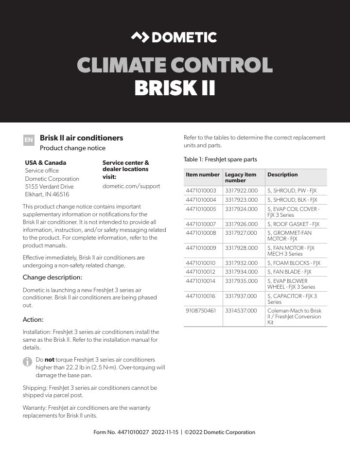Erste Seite von Dometic FreshJet Series 3 Air Conditioners, Brisk II
