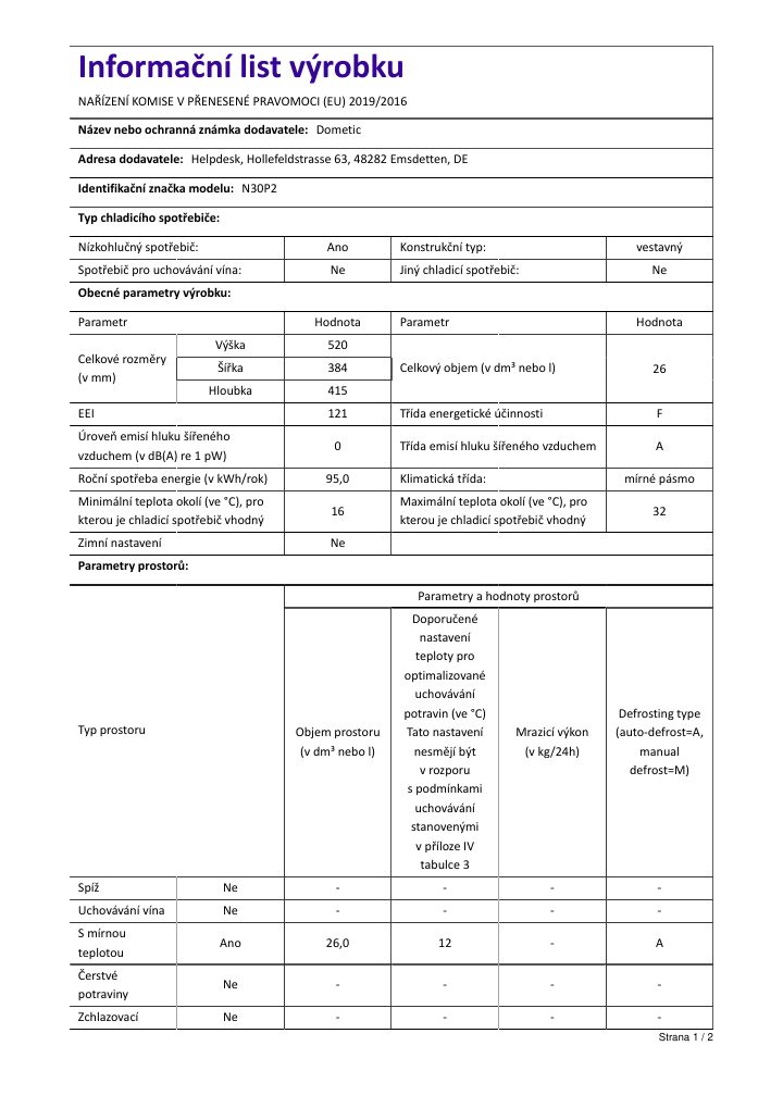 Erste Seite von Dometic HiPro Evolution N30P2 | Product Information Sheet CS