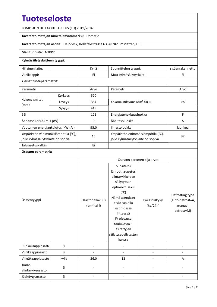 Première page de Dometic HiPro Evolution N30P2 | Product Information Sheet FI