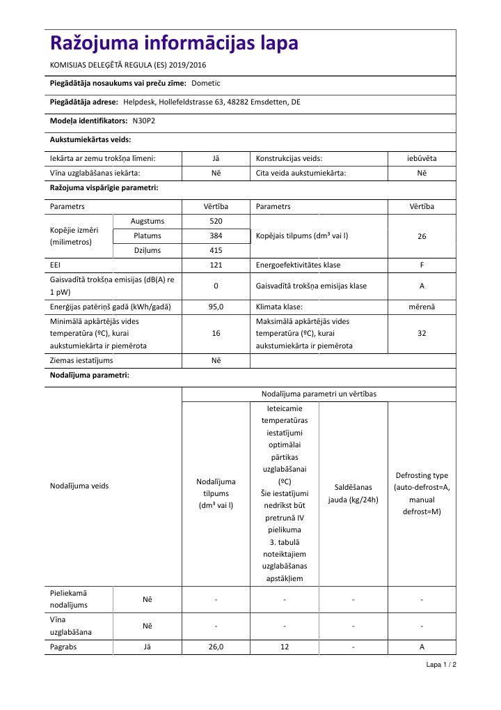 Erste Seite von Dometic HiPro Evolution N30P2 | Product Information Sheet LV