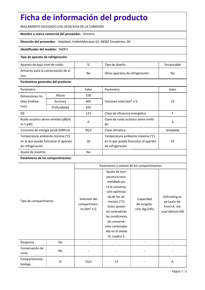 Första sidan i Dometic HiPro Evolution N40P2 | Product Information Sheet ES