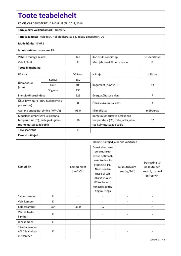 Первая страница документа Dometic HiPro Evolution N40P2 | Product Information Sheet ET