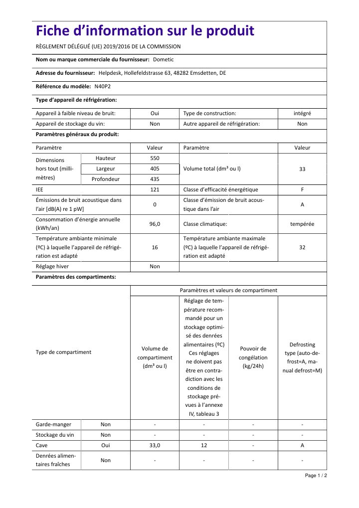 Første side av Dometic HiPro Evolution N40P2 | Product Information Sheet FR
