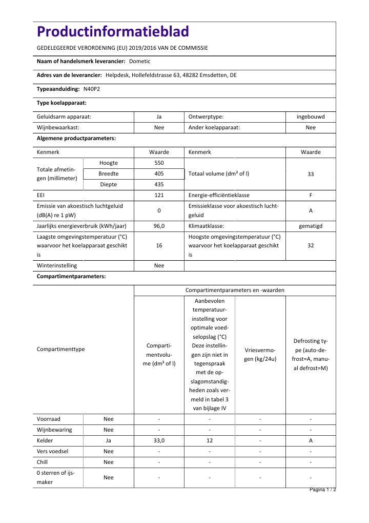 Dometic HiPro Evolution N40P2 | Product Information Sheet NL 的第一页